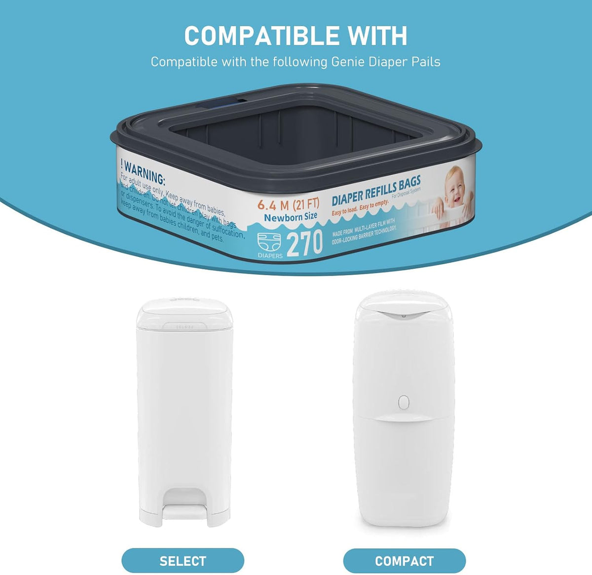 Square Starter Refills Disposal Bags Refill Compatible with Diaper Genie Classic, Compact and Select Pails, Hold Up to 165 Newborn-Sized Diapers Per Refill, 6 Pack