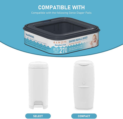 Square Starter Refills Disposal Bags Refill Compatible with Diaper Genie Classic, Compact and Select Pails, Hold Up to 165 Newborn-Sized Diapers Per Refill, 6 Pack
