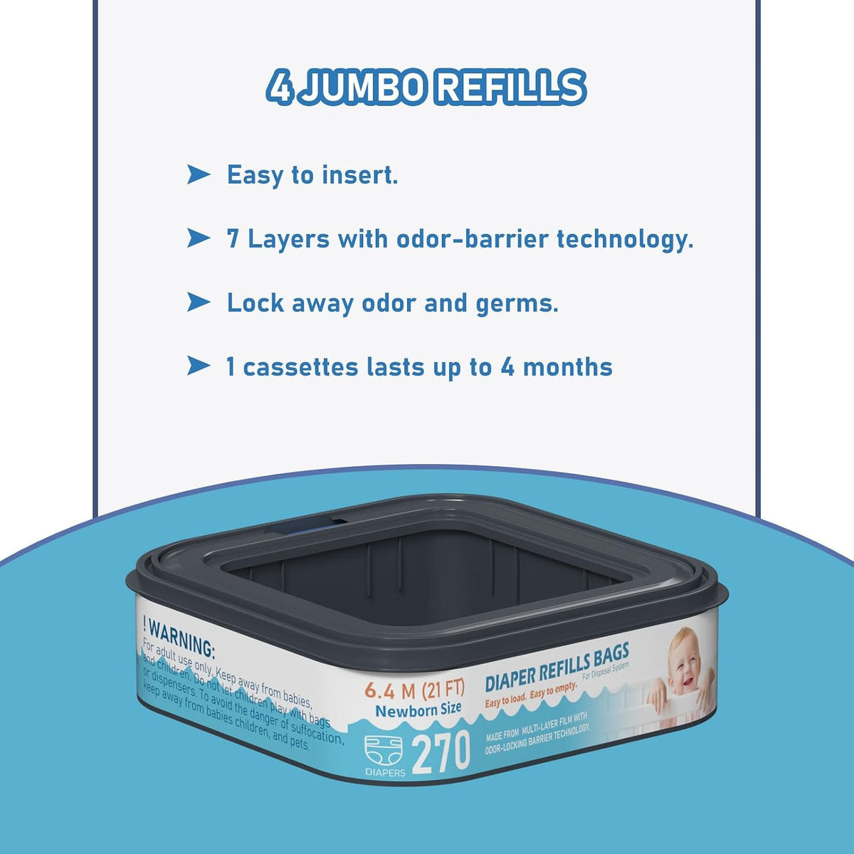 Square Starter Refills Disposal Bags Refill Compatible with Diaper Genie Classic, Compact and Select Pails, Hold Up to 165 Newborn-Sized Diapers Per Refill, 6 Pack