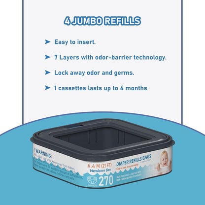 Square Starter Refills Disposal Bags Refill Compatible with Diaper Genie Classic, Compact and Select Pails, Hold Up to 165 Newborn-Sized Diapers Per Refill, 6 Pack