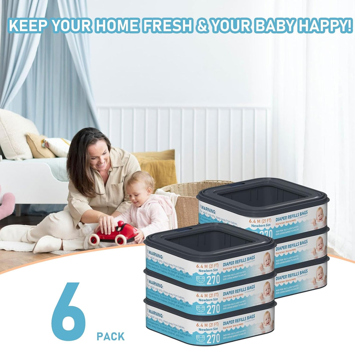 Square Starter Refills Disposal Bags Refill Compatible with Diaper Genie Classic, Compact and Select Pails, Hold Up to 165 Newborn-Sized Diapers Per Refill, 6 Pack