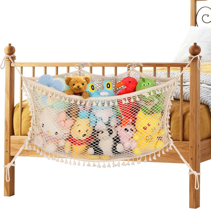 Stuffed Animal Storage Net, Large Bedside Toy Organizer Net, Cotton Plushie Toy Storage Hammock with Tether for Stuffed Animals Playroom Organization
