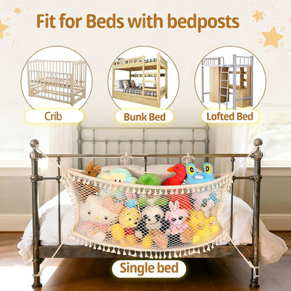Stuffed Animal Storage Net, Large Bedside Toy Organizer Net, Cotton Plushie Toy Storage Hammock with Tether for Stuffed Animals Playroom Organization