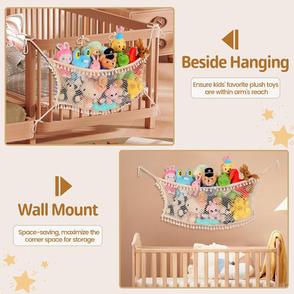 Stuffed Animal Storage Net, Large Bedside Toy Organizer Net, Cotton Plushie Toy Storage Hammock with Tether for Stuffed Animals Playroom Organization