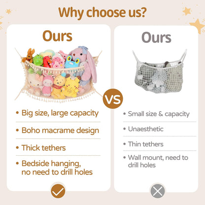 Stuffed Animal Storage Net, Large Bedside Toy Organizer Net, Cotton Plushie Toy Storage Hammock with Tether for Stuffed Animals Playroom Organization