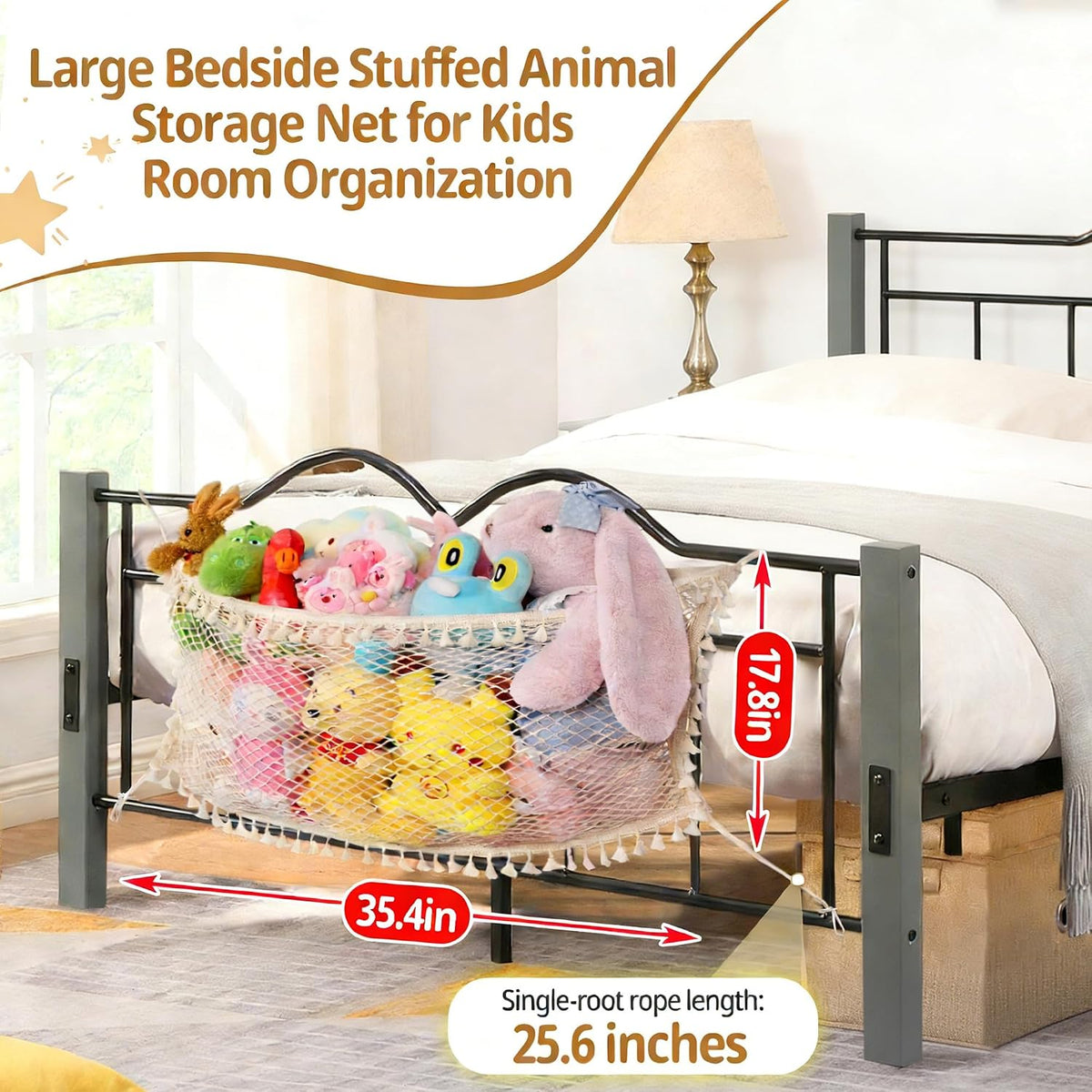 Stuffed Animal Storage Net, Large Bedside Toy Organizer Net, Cotton Plushie Toy Storage Hammock with Tether for Stuffed Animals Playroom Organization