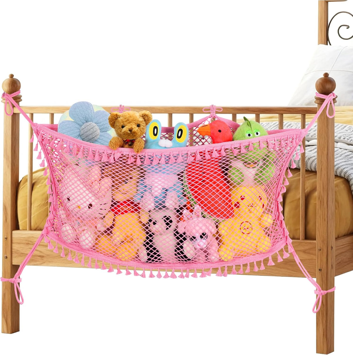 Stuffed Animal Storage Net, Large Bedside Toy Organizer Net, Cotton Plushie Toy Storage Hammock with Tether for Stuffed Animals Playroom Organization