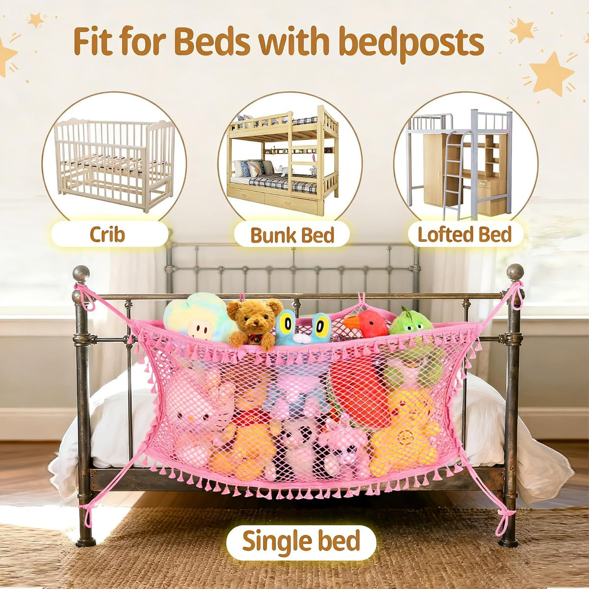 Stuffed Animal Storage Net, Large Bedside Toy Organizer Net, Cotton Plushie Toy Storage Hammock with Tether for Stuffed Animals Playroom Organization