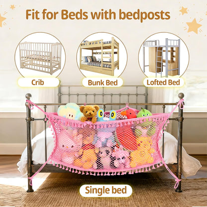 Stuffed Animal Storage Net, Large Bedside Toy Organizer Net, Cotton Plushie Toy Storage Hammock with Tether for Stuffed Animals Playroom Organization