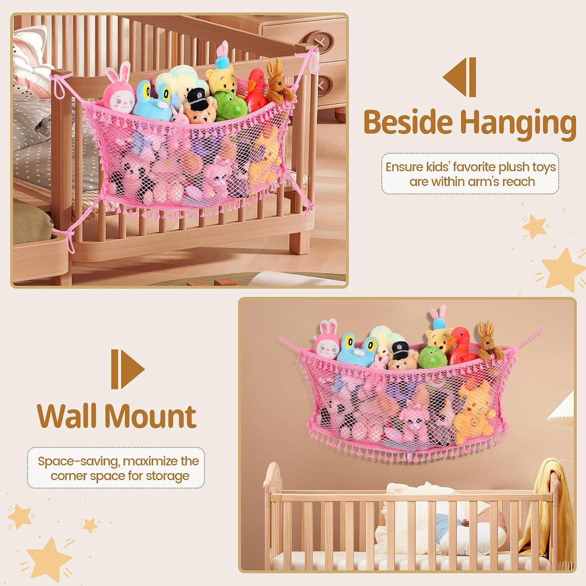 Stuffed Animal Storage Net, Large Bedside Toy Organizer Net, Cotton Plushie Toy Storage Hammock with Tether for Stuffed Animals Playroom Organization