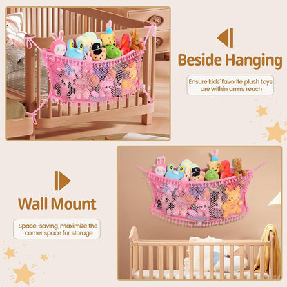 Stuffed Animal Storage Net, Large Bedside Toy Organizer Net, Cotton Plushie Toy Storage Hammock with Tether for Stuffed Animals Playroom Organization