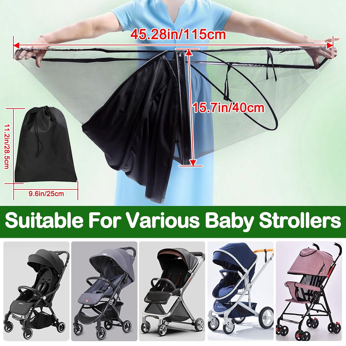 Baby Mosquito Net for Stroller Sun Shade, 2-in-1 Stroller Cover – Black