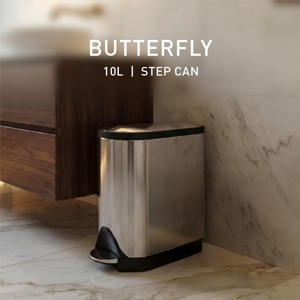 Butterfly Step Can, 18L / 4.8 Gallon Trash Can with Upgraded Odor Control for Bedrooms, Bathrooms, Nurseries, 150,000-Step Pedal, Lid Shox® Silent Close, White Steel