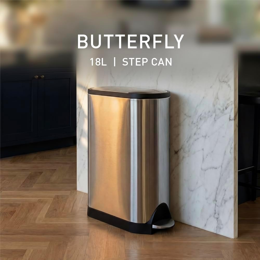 Butterfly Step Can, 18L / 4.8 Gallon Trash Can with Upgraded Odor Control for Bedrooms, Bathrooms, Nurseries, 150,000-Step Pedal, Lid Shox® Silent Close, White Steel
