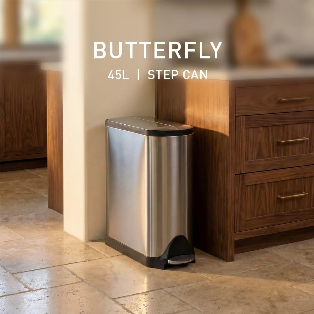 Butterfly Step Can, 18L / 4.8 Gallon Trash Can with Upgraded Odor Control for Bedrooms, Bathrooms, Nurseries, 150,000-Step Pedal, Lid Shox® Silent Close, White Steel