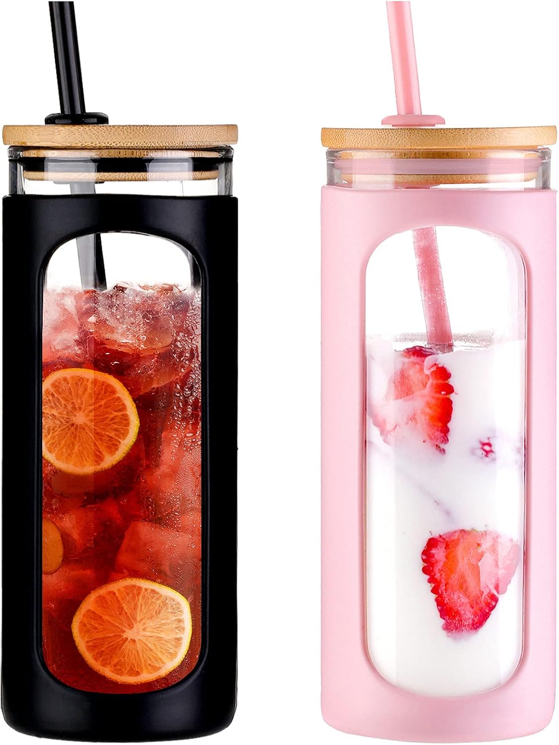 20oz Glass Tumbler with Straw and Lid, Iced Coffee Cups with Bamboo Lids, Glass Cups for Cold Drinks, Smoothie Cup with Silicone Sleeve for Travel, Work, BPA FREE-Olive - Colors A