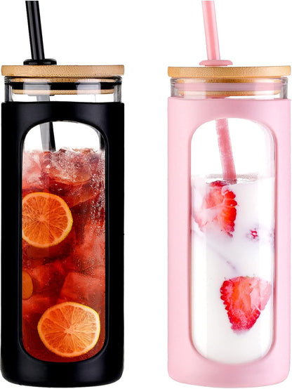 20oz Glass Tumbler with Straw and Lid, Iced Coffee Cups with Bamboo Lids, Glass Cups for Cold Drinks, Smoothie Cup with Silicone Sleeve for Travel, Work, BPA FREE-Olive - Colors A