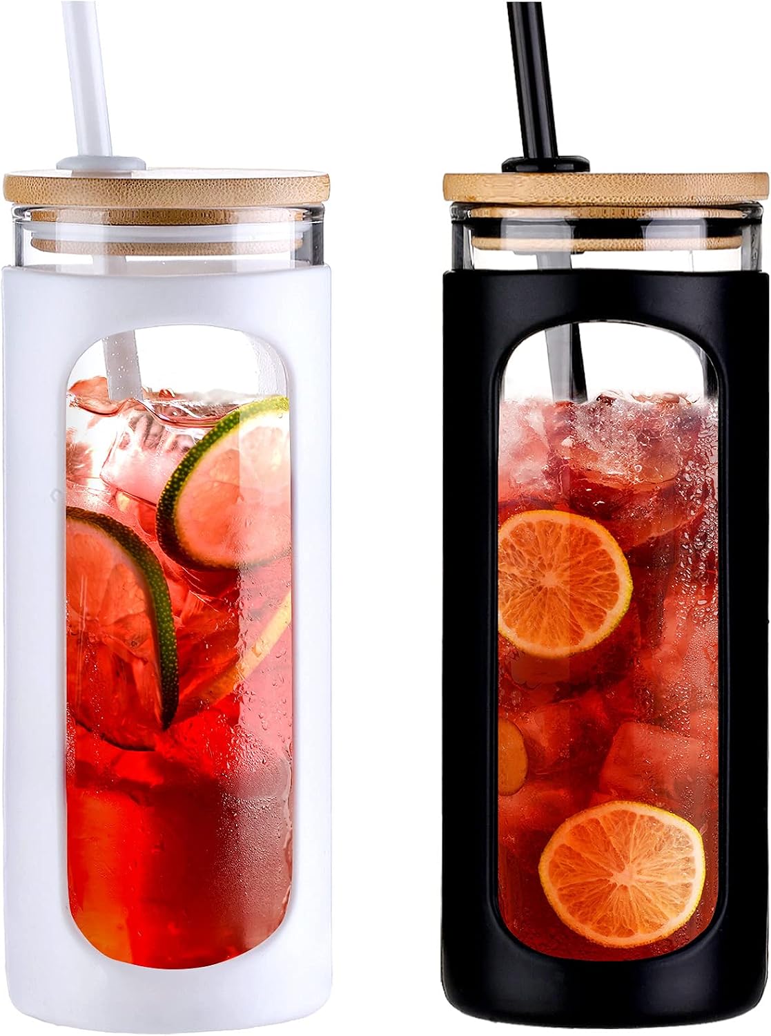 20oz Glass Tumbler with Straw and Lid, Iced Coffee Cups with Bamboo Lids, Glass Cups for Cold Drinks, Smoothie Cup with Silicone Sleeve for Travel, Work, BPA FREE-Olive - Colors A