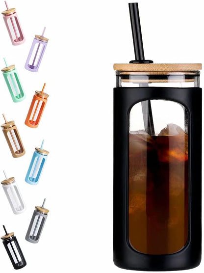20oz Glass Tumbler with Straw and Lid, Iced Coffee Cups with Bamboo Lids, Glass Cups for Cold Drinks, Smoothie Cup with Silicone Sleeve for Travel, Work, BPA FREE-Olive - Colors A