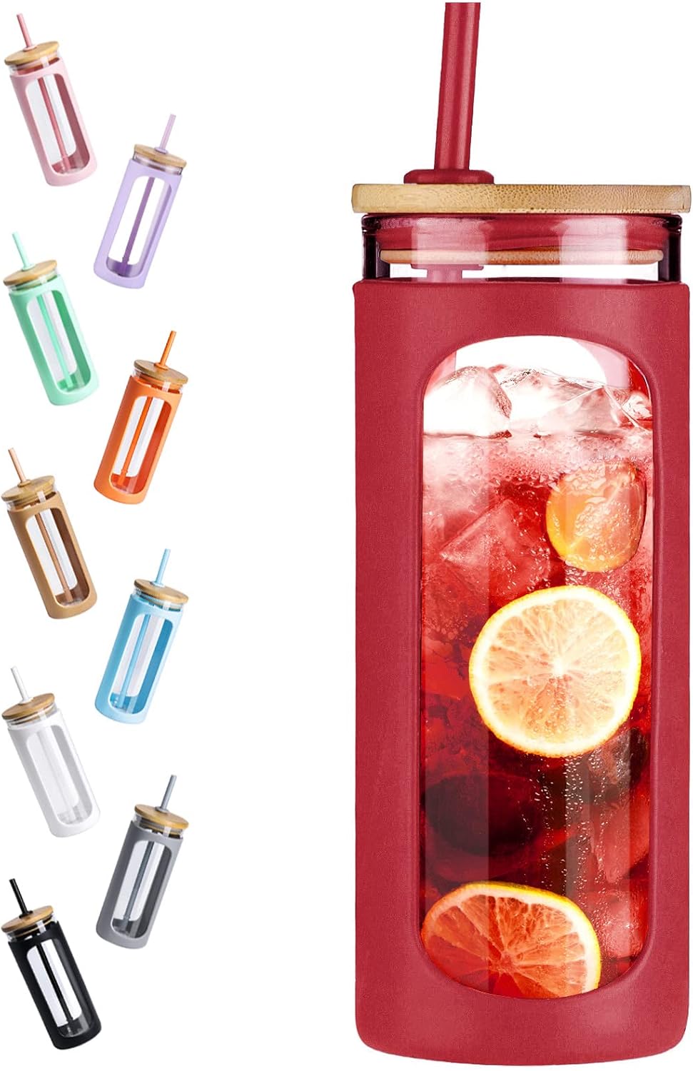 20oz Glass Tumbler with Straw and Lid, Iced Coffee Cups with Bamboo Lids, Glass Cups for Cold Drinks, Smoothie Cup with Silicone Sleeve for Travel, Work, BPA FREE-Olive - Colors A