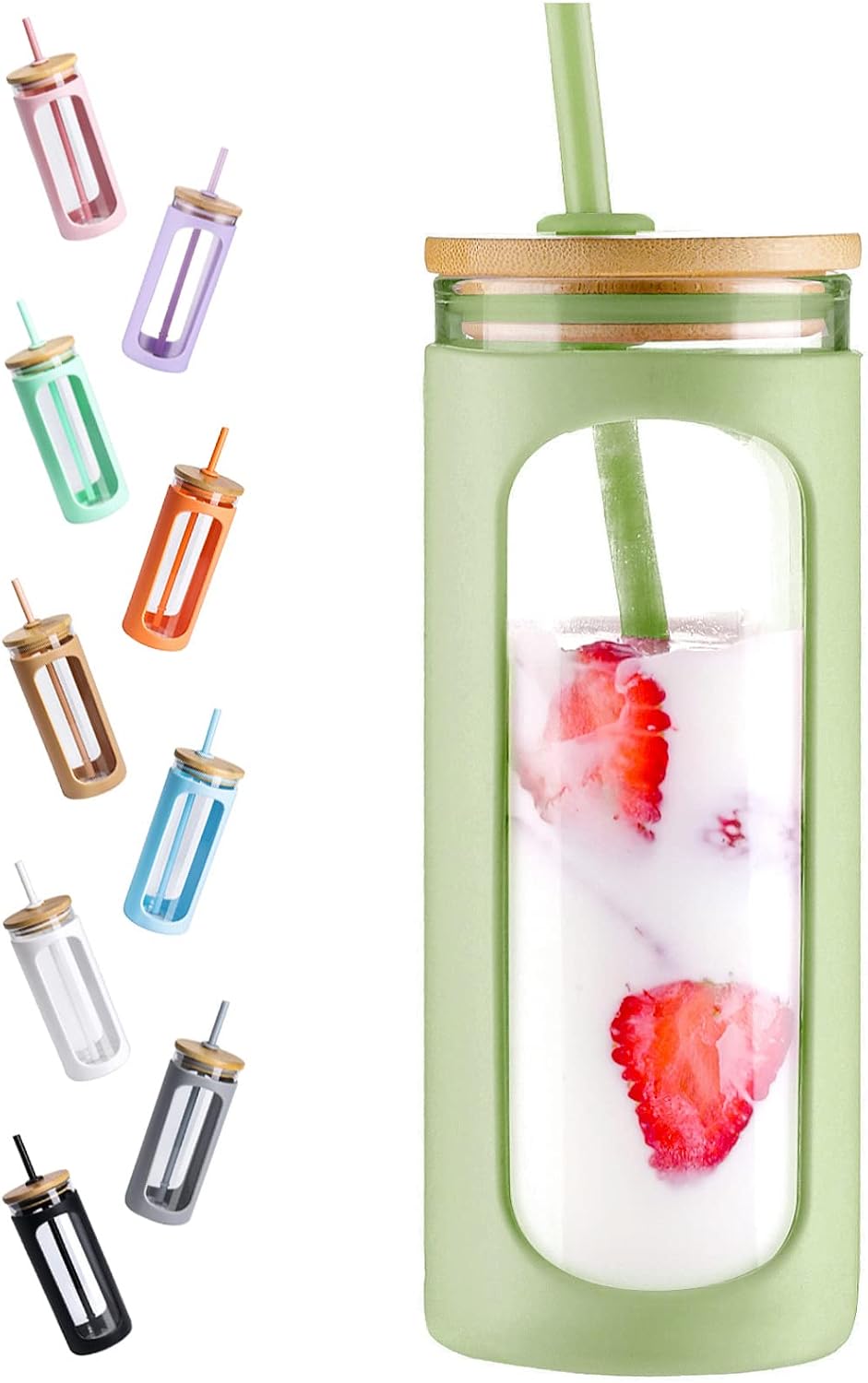 20oz Glass Tumbler with Straw and Lid, Iced Coffee Cups with Bamboo Lids, Glass Cups for Cold Drinks, Smoothie Cup with Silicone Sleeve for Travel, Work, BPA FREE-Olive - Colors A