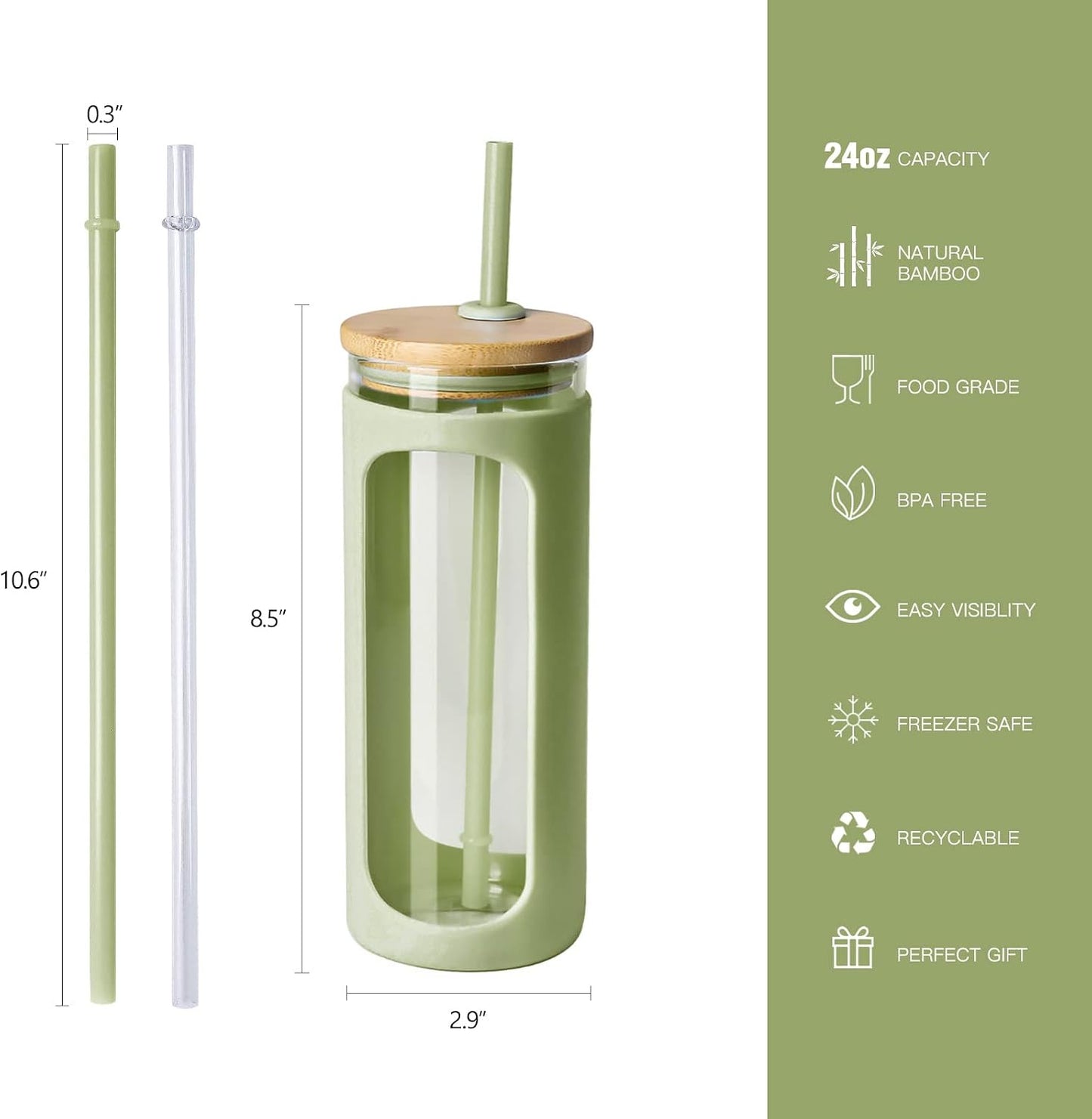 20oz Glass Tumbler with Straw and Lid, Iced Coffee Cups with Bamboo Lids, Glass Cups for Cold Drinks, Smoothie Cup with Silicone Sleeve for Travel, Work, BPA FREE-Olive - Colors A
