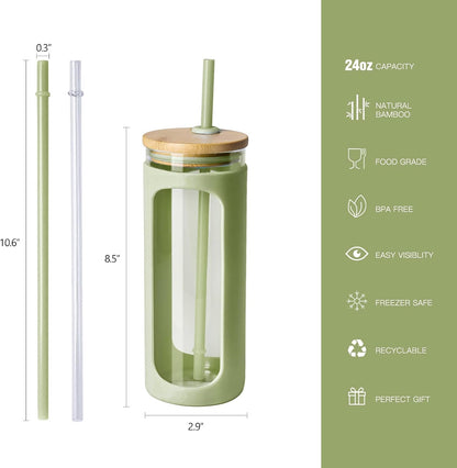20oz Glass Tumbler with Straw and Lid, Iced Coffee Cups with Bamboo Lids, Glass Cups for Cold Drinks, Smoothie Cup with Silicone Sleeve for Travel, Work, BPA FREE-Olive - Colors A