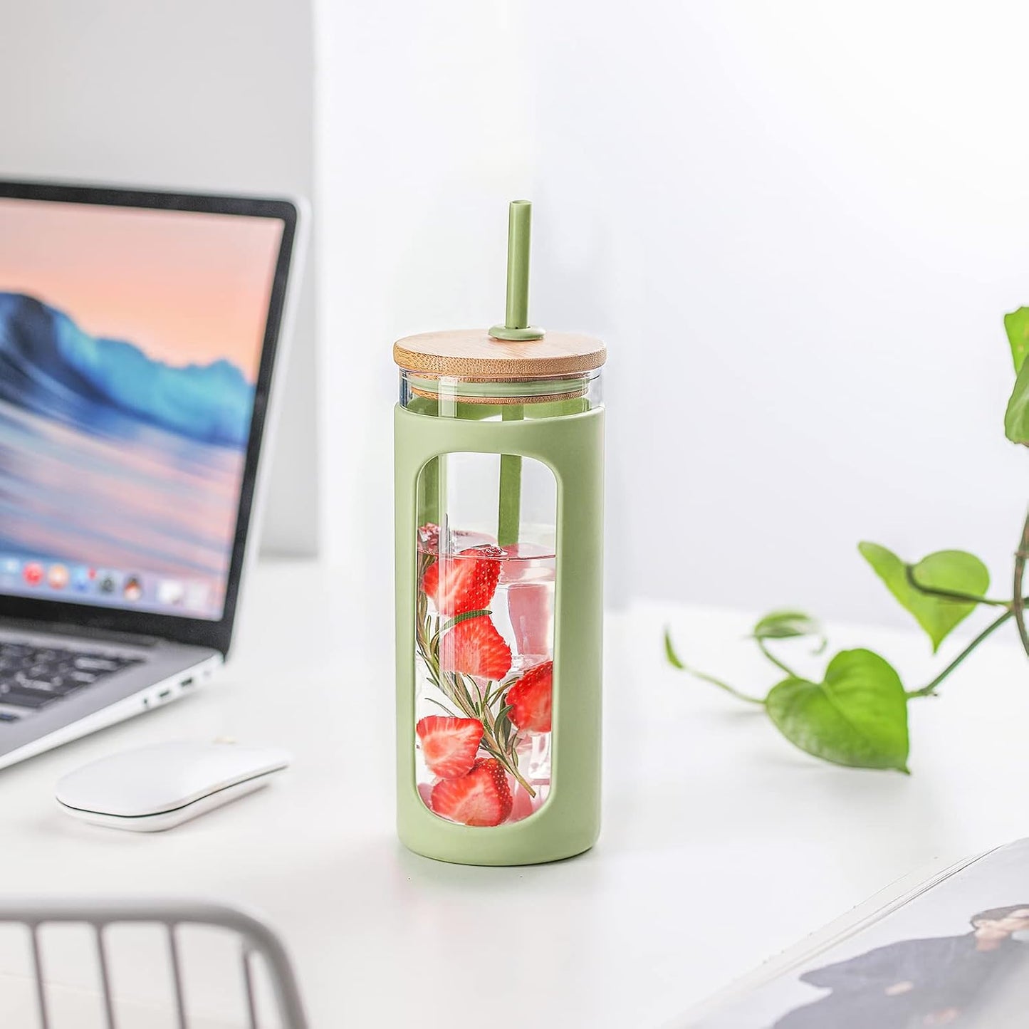 20oz Glass Tumbler with Straw and Lid, Iced Coffee Cups with Bamboo Lids, Glass Cups for Cold Drinks, Smoothie Cup with Silicone Sleeve for Travel, Work, BPA FREE-Olive - Colors A