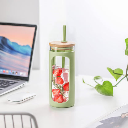 20oz Glass Tumbler with Straw and Lid, Iced Coffee Cups with Bamboo Lids, Glass Cups for Cold Drinks, Smoothie Cup with Silicone Sleeve for Travel, Work, BPA FREE-Olive - Colors A