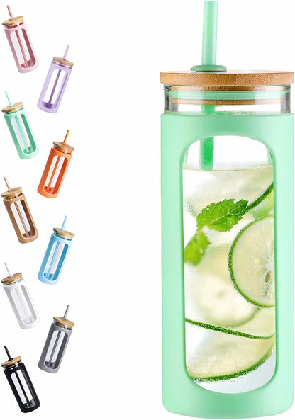 20oz Glass Tumbler with Straw and Lid, Iced Coffee Cups with Bamboo Lids, Glass Cups for Cold Drinks, Smoothie Cup with Silicone Sleeve for Travel, Work, BPA FREE-Olive - Colors A
