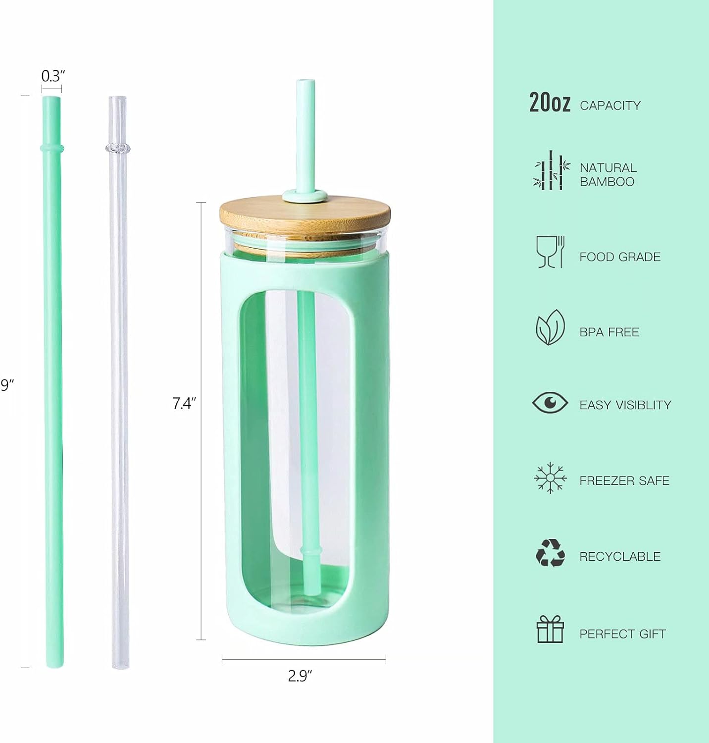 20oz Glass Tumbler with Straw and Lid, Iced Coffee Cups with Bamboo Lids, Glass Cups for Cold Drinks, Smoothie Cup with Silicone Sleeve for Travel, Work, BPA FREE-Olive - Colors A