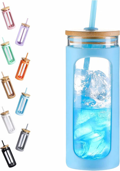 20oz Glass Tumbler with Straw and Lid, Iced Coffee Cups with Bamboo Lids, Glass Cups for Cold Drinks, Smoothie Cup with Silicone Sleeve for Travel, Work, BPA FREE-Olive - Colors A