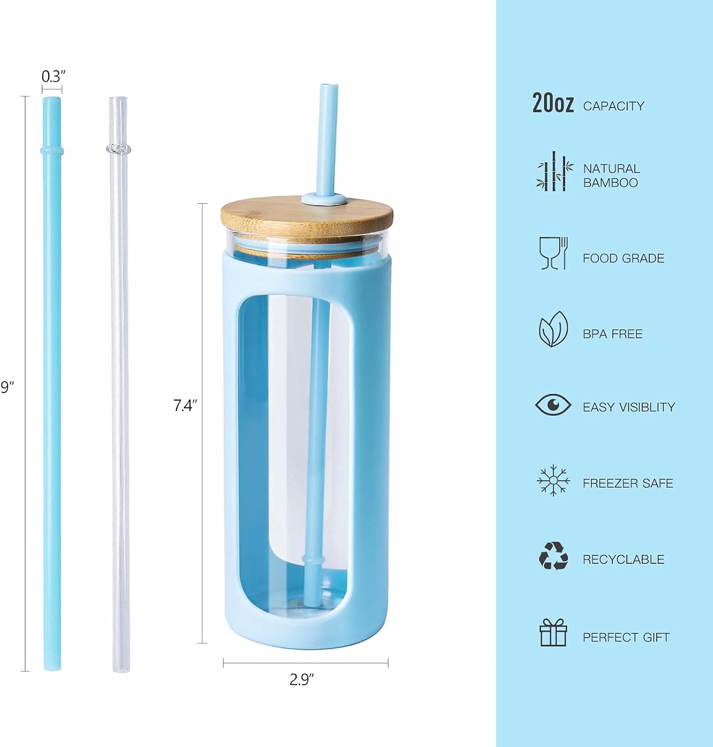20oz Glass Tumbler with Straw and Lid, Iced Coffee Cups with Bamboo Lids, Glass Cups for Cold Drinks, Smoothie Cup with Silicone Sleeve for Travel, Work, BPA FREE-Olive - Colors A