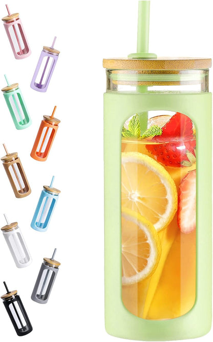 20oz Glass Tumbler with Straw and Lid, Iced Coffee Cups with Bamboo Lids, Glass Cups for Cold Drinks, Smoothie Cup with Silicone Sleeve for Travel, Work, BPA FREE-Olive - Colors A