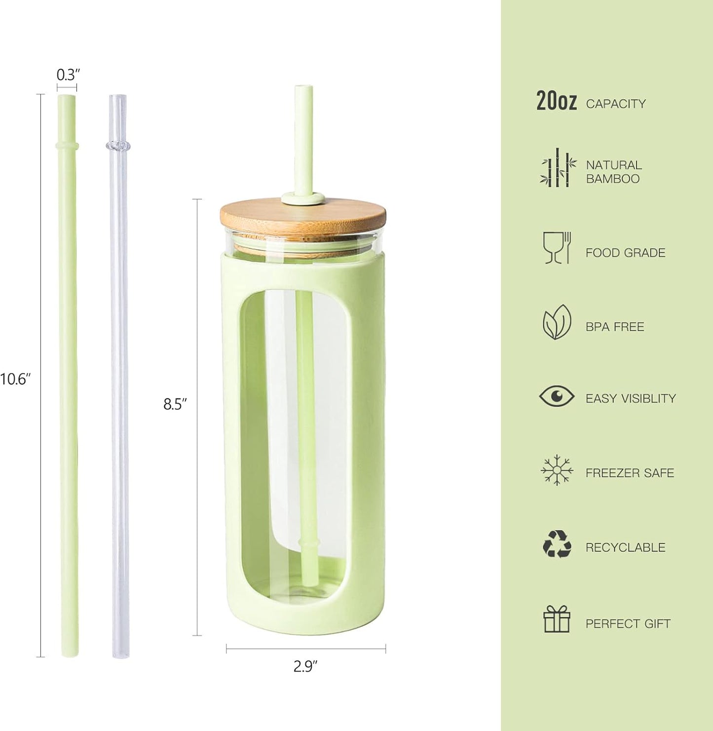 20oz Glass Tumbler with Straw and Lid, Iced Coffee Cups with Bamboo Lids, Glass Cups for Cold Drinks, Smoothie Cup with Silicone Sleeve for Travel, Work, BPA FREE-Olive - Colors A