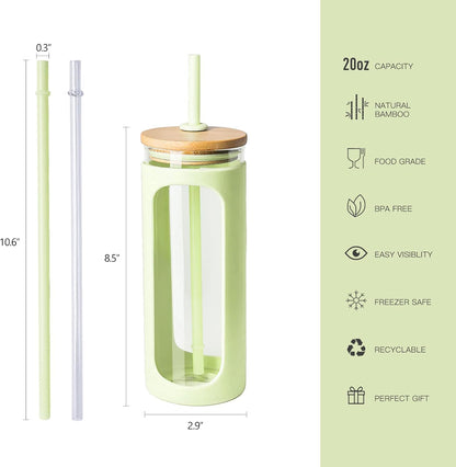 20oz Glass Tumbler with Straw and Lid, Iced Coffee Cups with Bamboo Lids, Glass Cups for Cold Drinks, Smoothie Cup with Silicone Sleeve for Travel, Work, BPA FREE-Olive - Colors A