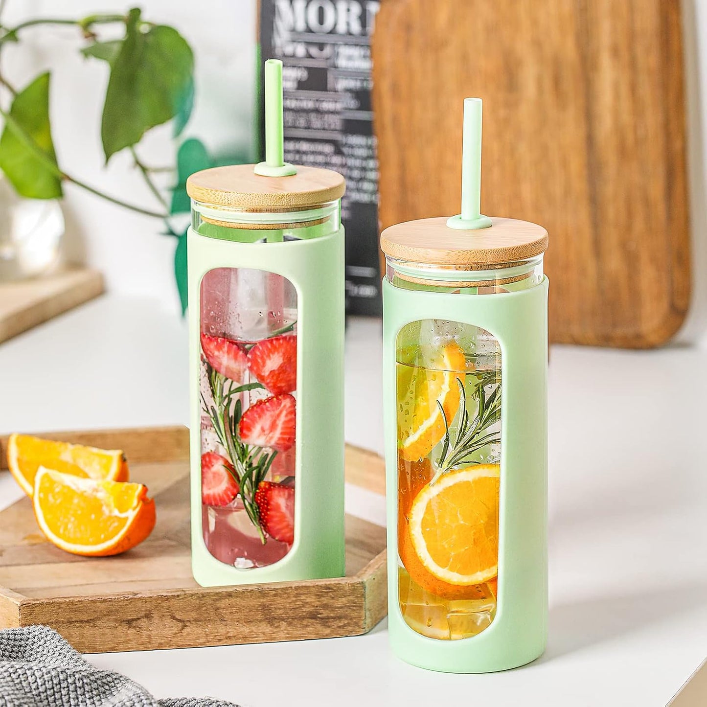 20oz Glass Tumbler with Straw and Lid, Iced Coffee Cups with Bamboo Lids, Glass Cups for Cold Drinks, Smoothie Cup with Silicone Sleeve for Travel, Work, BPA FREE-Olive - Colors A
