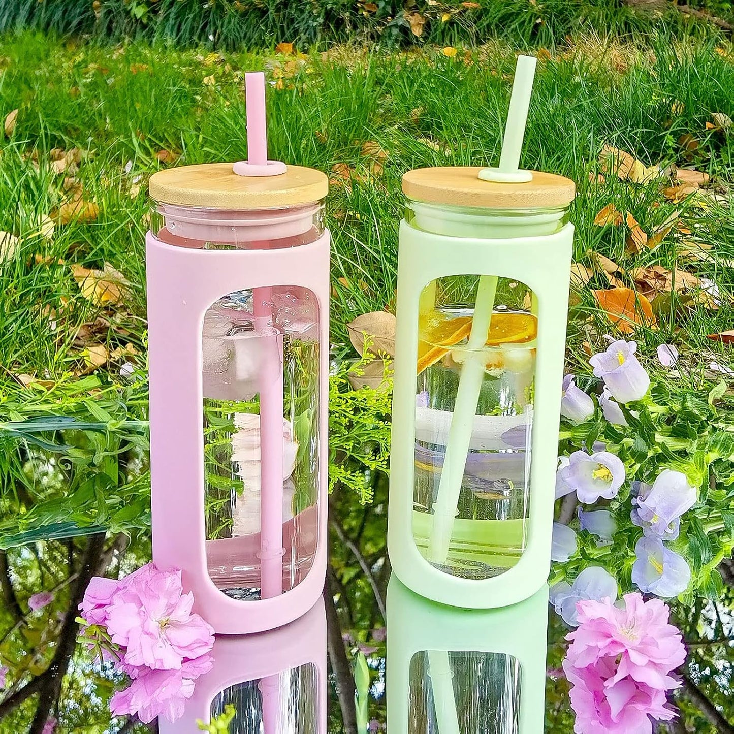 20oz Glass Tumbler with Straw and Lid, Iced Coffee Cups with Bamboo Lids, Glass Cups for Cold Drinks, Smoothie Cup with Silicone Sleeve for Travel, Work, BPA FREE-Olive - Colors A