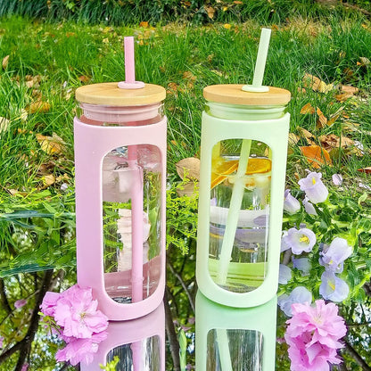 20oz Glass Tumbler with Straw and Lid, Iced Coffee Cups with Bamboo Lids, Glass Cups for Cold Drinks, Smoothie Cup with Silicone Sleeve for Travel, Work, BPA FREE-Olive - Colors A