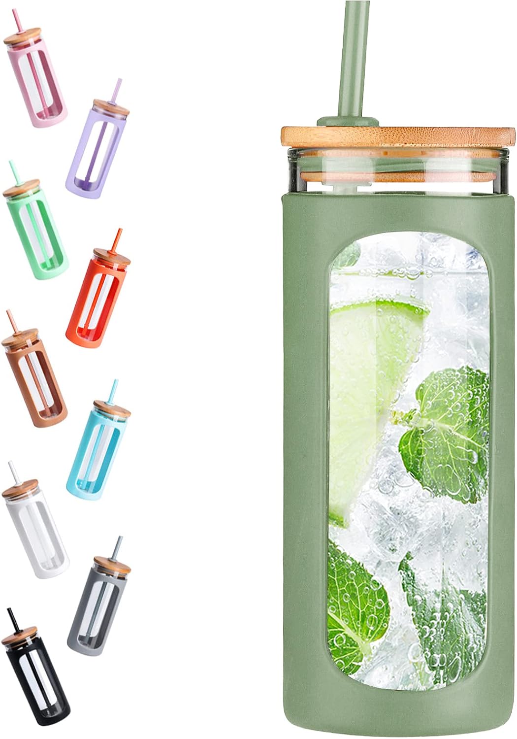 20oz Glass Tumbler with Straw and Lid, Iced Coffee Cups with Bamboo Lids, Glass Cups for Cold Drinks, Smoothie Cup with Silicone Sleeve for Travel, Work, BPA FREE-Olive - Colors A