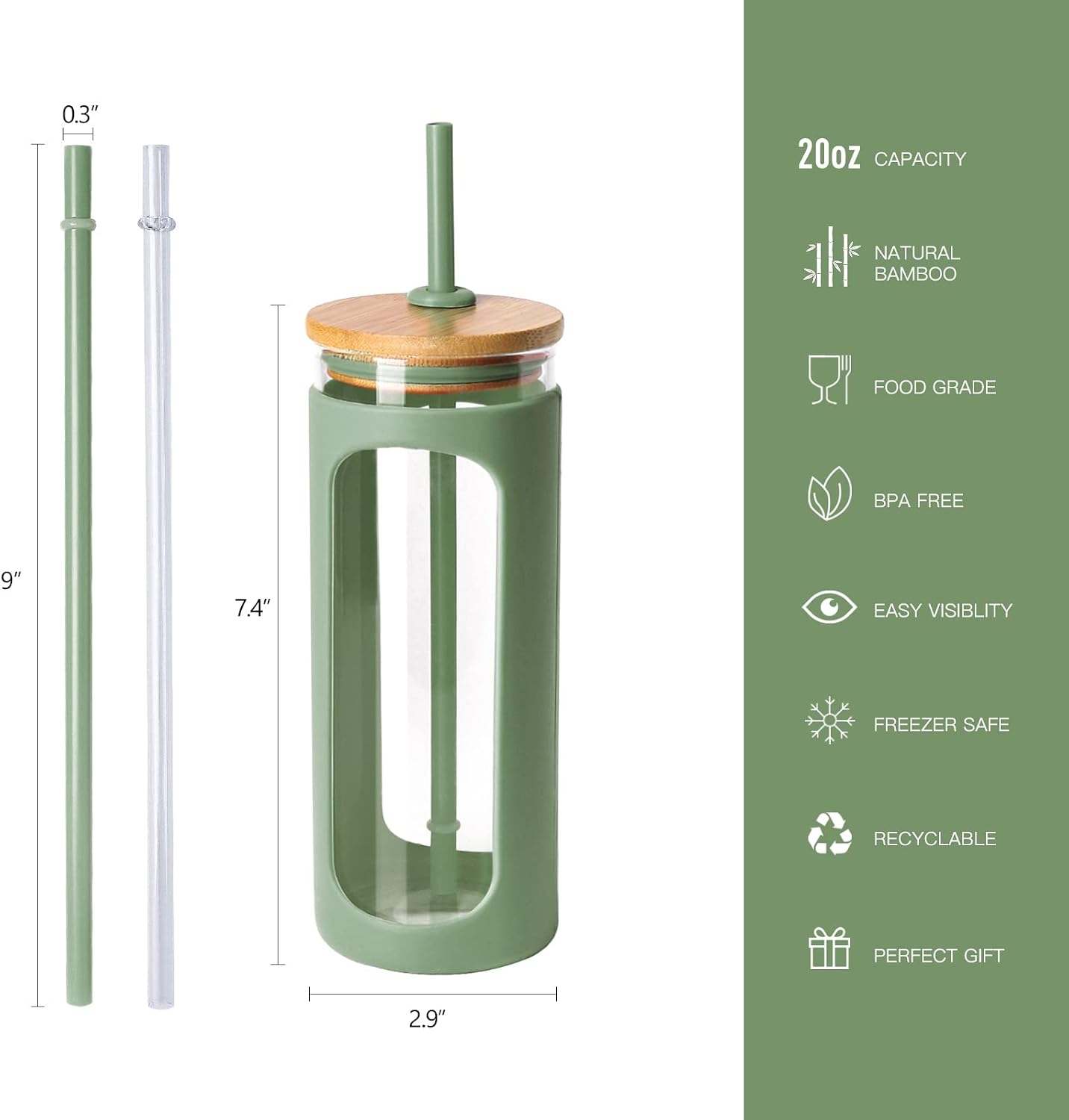 20oz Glass Tumbler with Straw and Lid, Iced Coffee Cups with Bamboo Lids, Glass Cups for Cold Drinks, Smoothie Cup with Silicone Sleeve for Travel, Work, BPA FREE-Olive - Colors A