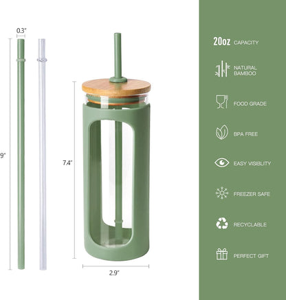 20oz Glass Tumbler with Straw and Lid, Iced Coffee Cups with Bamboo Lids, Glass Cups for Cold Drinks, Smoothie Cup with Silicone Sleeve for Travel, Work, BPA FREE-Olive - Colors A