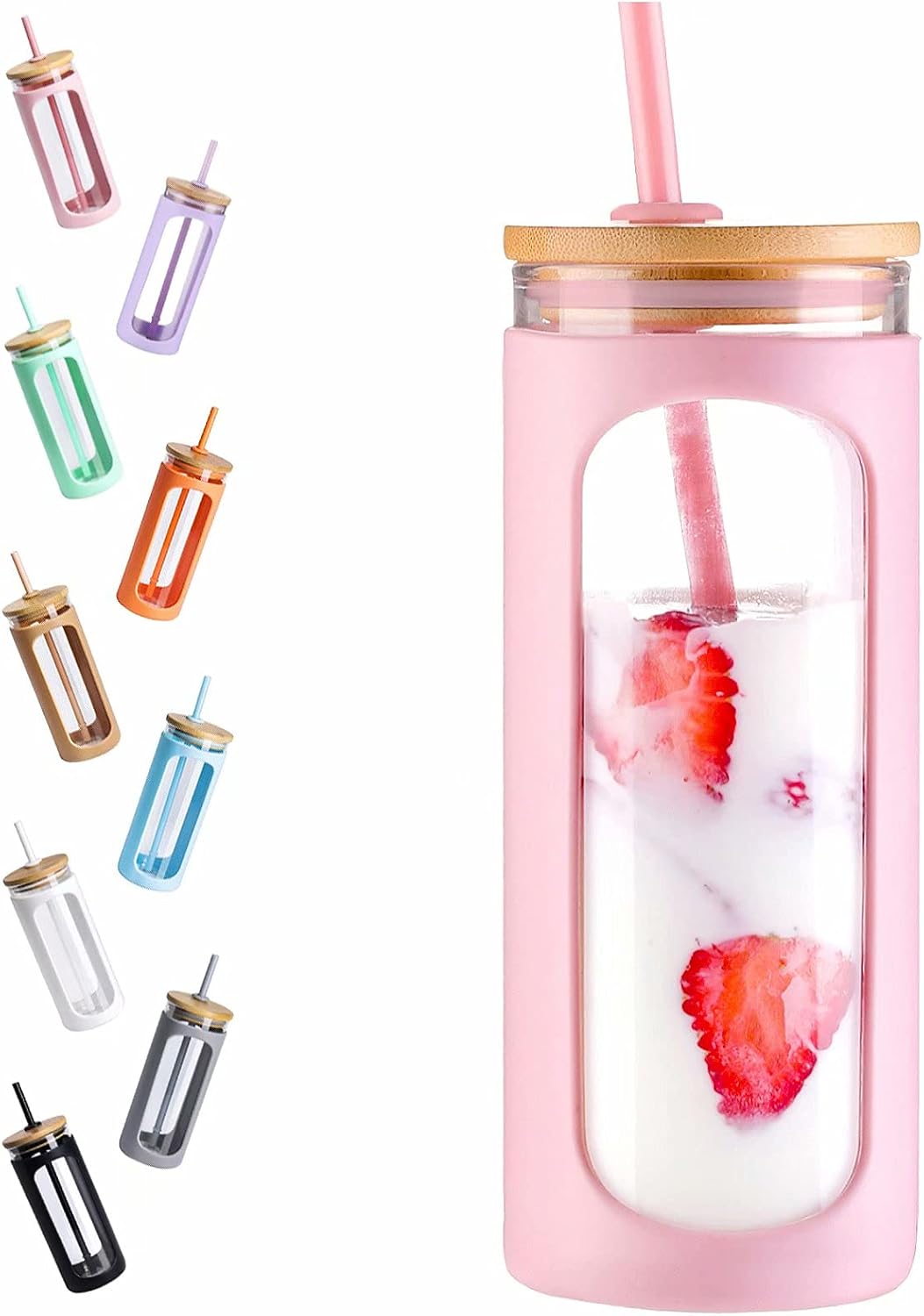 20oz Glass Tumbler with Straw and Lid, Iced Coffee Cups with Bamboo Lids, Glass Cups for Cold Drinks, Smoothie Cup with Silicone Sleeve for Travel, Work, BPA FREE-Olive - Colors A