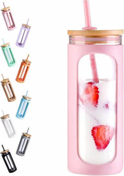 20oz Glass Tumbler with Straw and Lid, Iced Coffee Cups with Bamboo Lids, Glass Cups for Cold Drinks, Smoothie Cup with Silicone Sleeve for Travel, Work, BPA FREE-Olive - Colors A