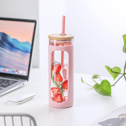 20oz Glass Tumbler with Straw and Lid, Iced Coffee Cups with Bamboo Lids, Glass Cups for Cold Drinks, Smoothie Cup with Silicone Sleeve for Travel, Work, BPA FREE-Olive - Colors A