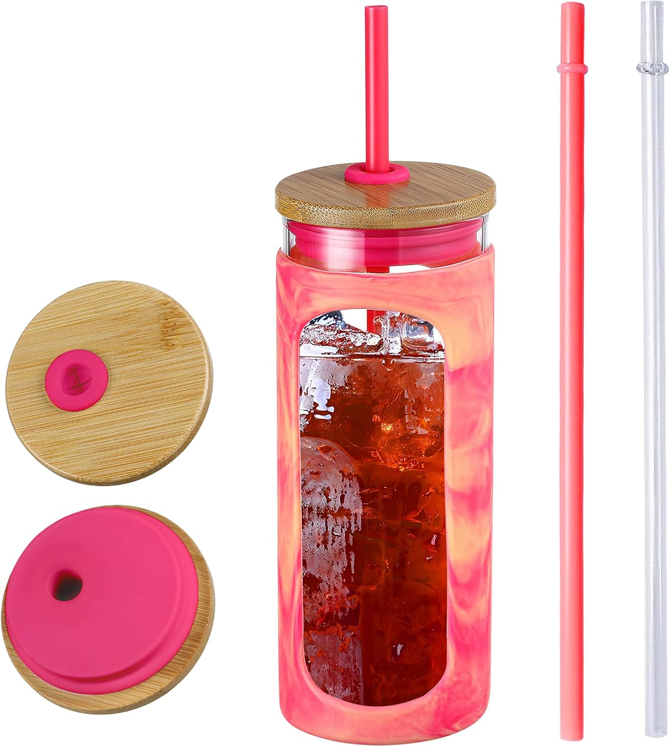 20oz Glass Tumbler with Straw and Lid, Iced Coffee Cups with Bamboo Lids, Glass Cups for Cold Drinks, Smoothie Cup with Silicone Sleeve for Travel, Work, BPA FREE-Olive - Colors A