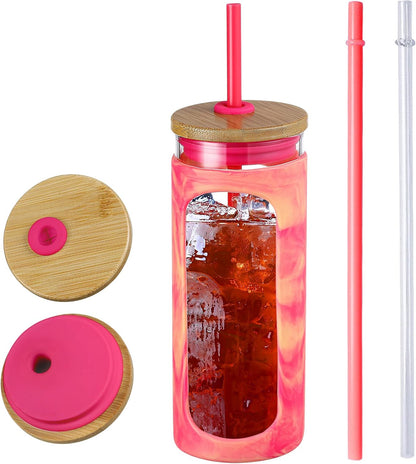 20oz Glass Tumbler with Straw and Lid, Iced Coffee Cups with Bamboo Lids, Glass Cups for Cold Drinks, Smoothie Cup with Silicone Sleeve for Travel, Work, BPA FREE-Olive - Colors A
