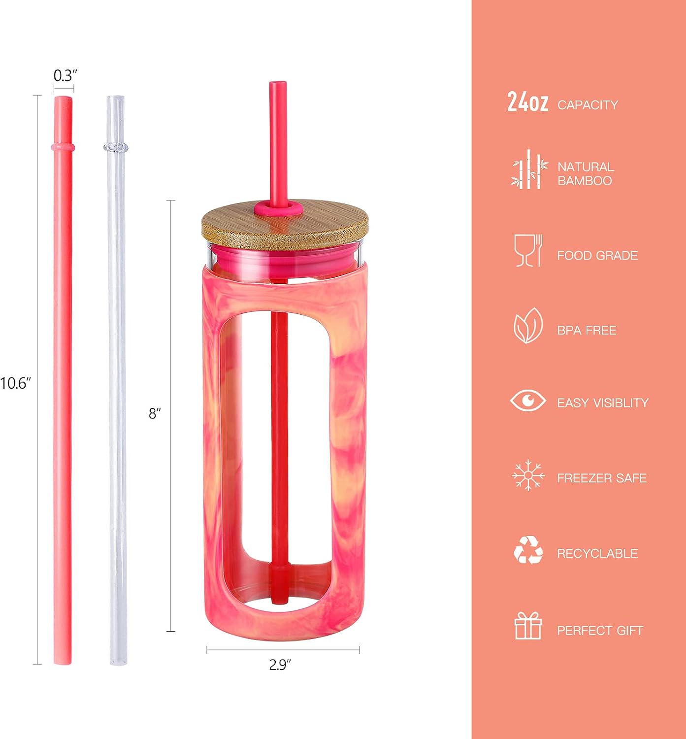 20oz Glass Tumbler with Straw and Lid, Iced Coffee Cups with Bamboo Lids, Glass Cups for Cold Drinks, Smoothie Cup with Silicone Sleeve for Travel, Work, BPA FREE-Olive - Colors A