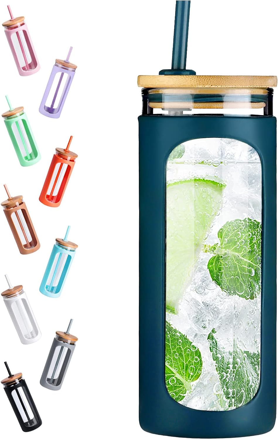 20oz Glass Tumbler with Straw and Lid, Iced Coffee Cups with Bamboo Lids, Glass Cups for Cold Drinks, Smoothie Cup with Silicone Sleeve for Travel, Work, BPA FREE-Olive - Colors A