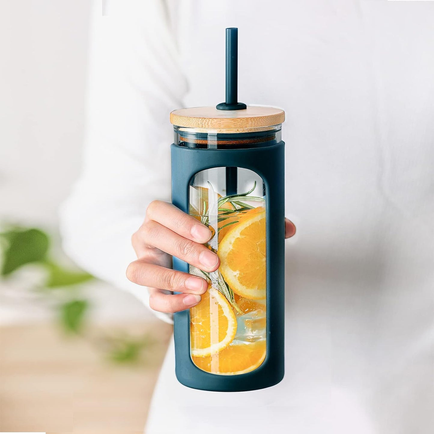 20oz Glass Tumbler with Straw and Lid, Iced Coffee Cups with Bamboo Lids, Glass Cups for Cold Drinks, Smoothie Cup with Silicone Sleeve for Travel, Work, BPA FREE-Olive - Colors A